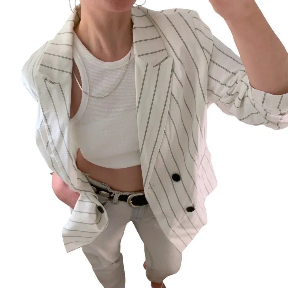 NWOT A NEW DAY 100% Cotton White Black Pinstripe Double Breasted Blazer - sz 16W - Picture 4 of 16